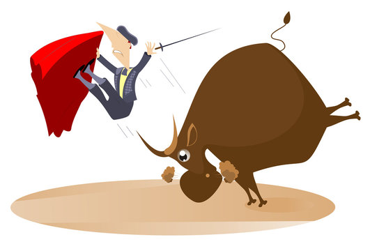 Bullfighter and the rage bull isolated. Bull raised the bullfighter by horns illustration
