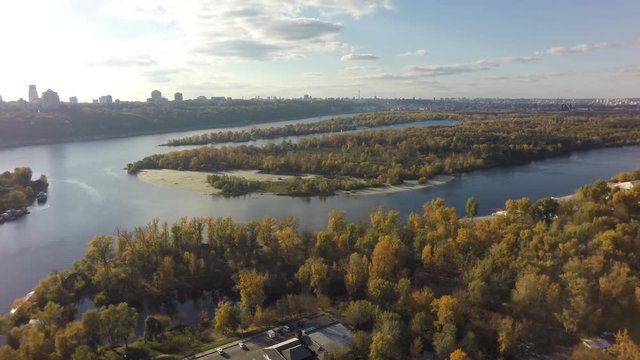 Dnieper and Desna river in Kiev,  aerial view, raw, 4K