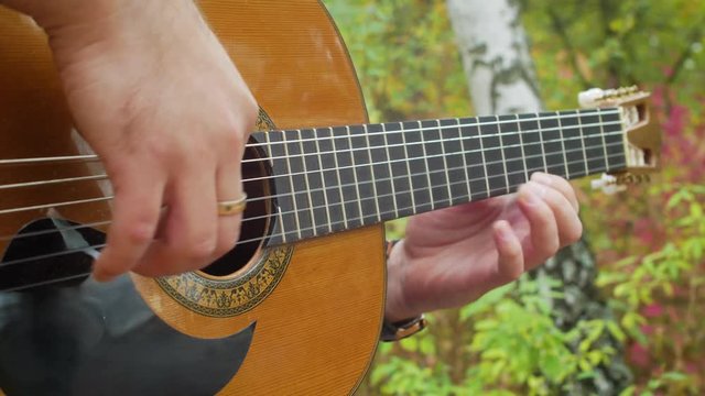 Guitarist plays music by classic acoustic guitar at autumn park