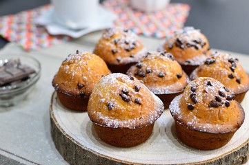 many muffins with chocolate drops