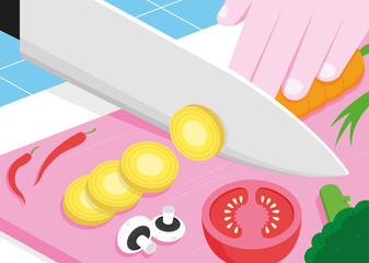 Illustration of cutting board with food and money