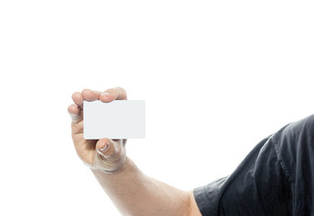 Men holding white business card on white background