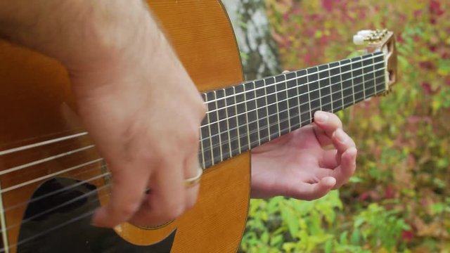 Guitarist intensive plays music by classic acoustic guitar at autumn park close-up