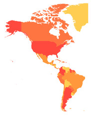 Political map of Americas in four shades of orange. North and South America. Simple flat vector illustration.