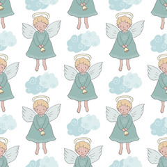 Christmas seamless pattern with cute angels with bell