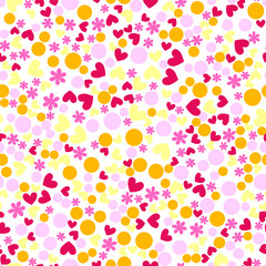 Bright seamless pattern with peas, hearts and flowers