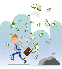 Men running among a lot of money