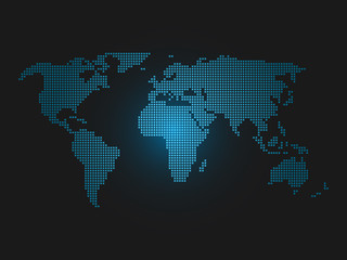 Squared world map. Blue led light futuristic design on dark background. Vector illustration.