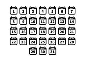 Set of simple black calendar icons on may isolated on white