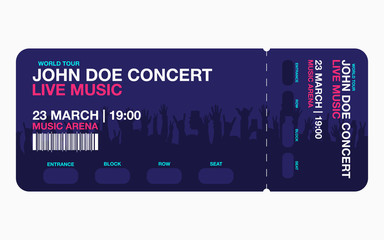 Concert ticket template. Concert, party or festival ticket design template with people crowd on background