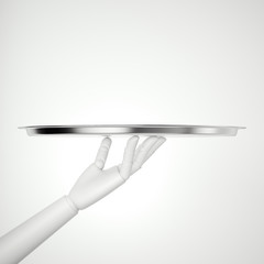 White robot hand with silver tray. 3d rendering