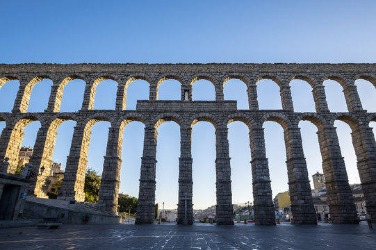 Segovia, Spain - October 14, 2017: Roman Aqueduct in the Morning Light