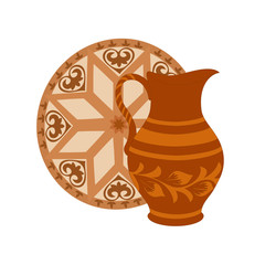 Composition of ceramic jug with tray. Rustic colorful kitchen utensil in brown tones, vector illustration for your design. Square location.   