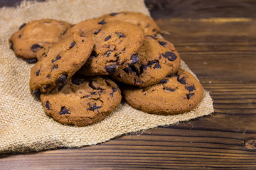 Chocolate chip cookies on wooden table