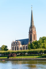 Church in Frankfurt over Main river, Germany.