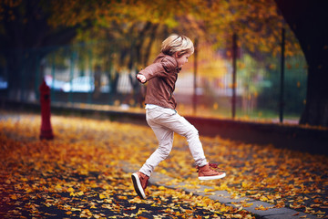 cute kid, boy in leather jacket having fun at autumn street, jumping and running around on carpet of fallen leaves