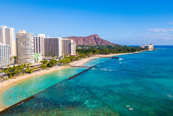 Honolulu, Hawaii. Aerial skyline view of Honolulu, Diamond Head volcano including the hotels and...