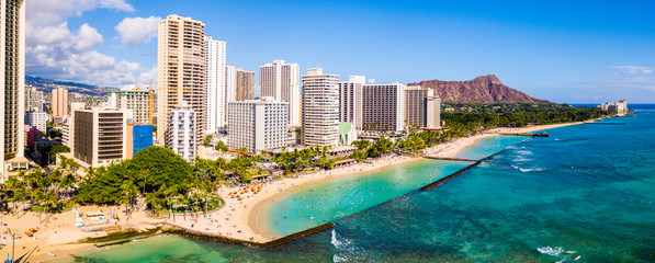 Honolulu, Hawaii. Aerial skyline view of Honolulu, Diamond Head volcano including the hotels and...