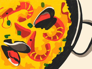 Paella. Spanish typical food. Illustration depicting a typical Spanish rice paella with seafood. Traditional Spanish Mediterranean food, dishes and recipes. Colorful conceptual illustration.