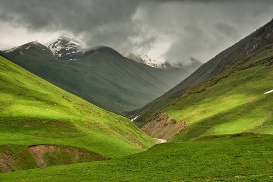 Georgia: scenic view of Enguri river valley with Shkhara mountain on the background from Ushguli village