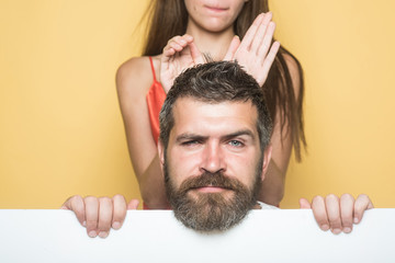 Guy or bearded man on yellow background.