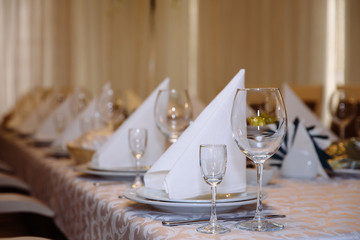 Beautiful decorated wedding restaurant for marriage. Colorful decoration for celebration. Beauty bridal interior. Concept of style of banquet hall