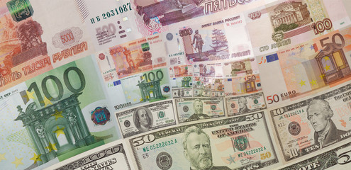 Money US dollars Euro Russian rubles banknotes square spiral abstract background fractal. US dollars Euro abstract background pattern. Money background pattern spiral. Money background. Russian rubles