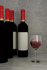 3D rendering of red wine glass and bottles