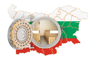 Golden reserves of Bulgaria concept, banking vault with gold bars. 3D renderin