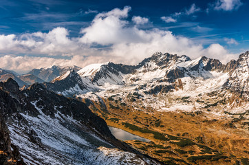 Tatra mountains, panorama of valley with lake, fall sunny day