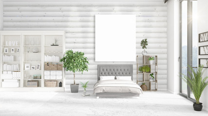 Fashionable modern loft interior with empty frame and copyspace in horizontal arrangement. 3D rendering.
