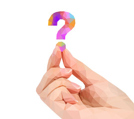 polygonal hand studio photo keeps question mark in the fingers