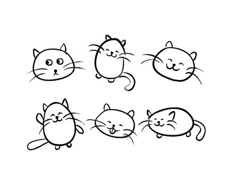 set of cute cats painted with lines monochrome