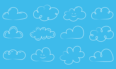 Big collection of hand drawn white clouds on blue background. Vector.  