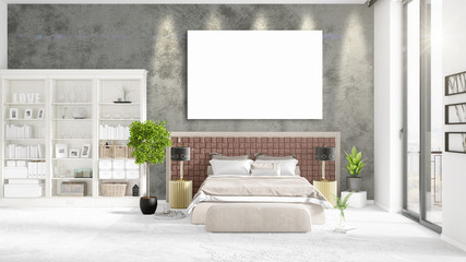 Fashionable modern loft interior with empty frame and copyspace in horizontal arrangement. 3D rendering.