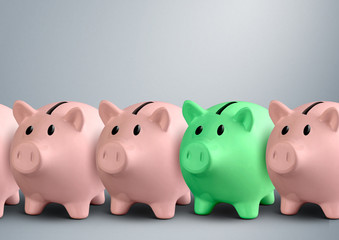 Piggy banks in a row, finance success concept