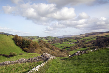 Welsh landscape in Carmarthenshire with a dry stone wall which can be dates to the 11th century