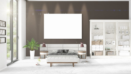 Fashionable modern loft interior with empty frame and copyspace in horizontal arrangement. 3D rendering.