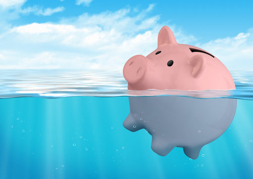 Piggy bank drowning, savings loss concept