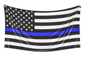 Obraz premium Thin Blue Line. Black Flag of USA with Police Blue Line hanging on the wall, 3D rendering
