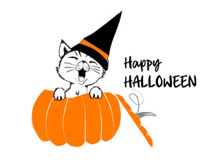 Cute black cat in the orange pumpkin for happy Halloween - vector illustration isolated on white background