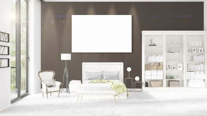 Fashionable modern loft interior with empty frame and copyspace in horizontal arrangement. 3D rendering.