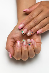 wedding french gently pink manicure with sparkles of confetti on long square nails 