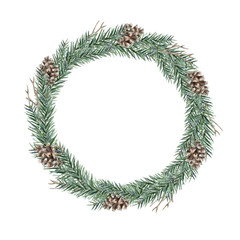 Fototapeta na wymiar Watercolor Christmas wreath of fir branches and cones on a white background. Coniferous frame for your holiday, wishes and design