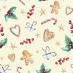 Watercolor Christmas seamless pattern with traditional decor and elements. Branches of holly, berryes, stars, gingerbread hearts and gingerbread men, bells, candy canes on a light background.