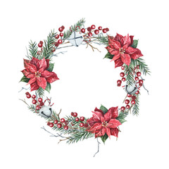 Watercolor Christmas wreath of branches with berries, fir-needle, poinsettia flowers and bells on a white background. Bright  frame for your holiday, wishes and design