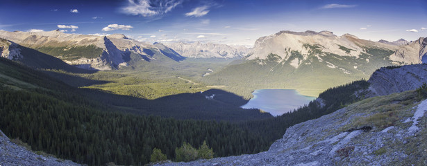 Panoramic Landscape View of Pinto Lake and Distant White Goat Wilderness from Sunset Pass in Banff National Park Rocky Mountains Alberta Canada