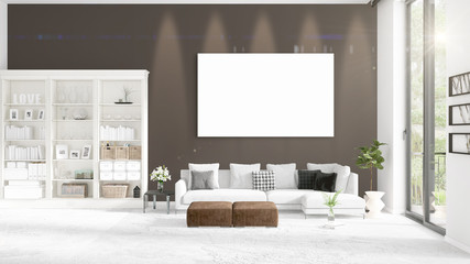 Fashionable modern loft interior with empty frame and copyspace in horizontal arrangement. 3D rendering.