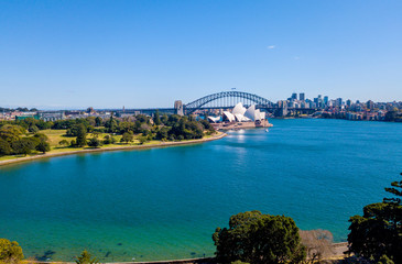 Beautiful panorama of the Sydney harbour district with Harbour bridge, Botanical garden and the...