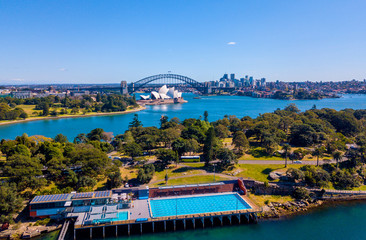 Aerial view of the outside pool in the harbour park in Sydney.